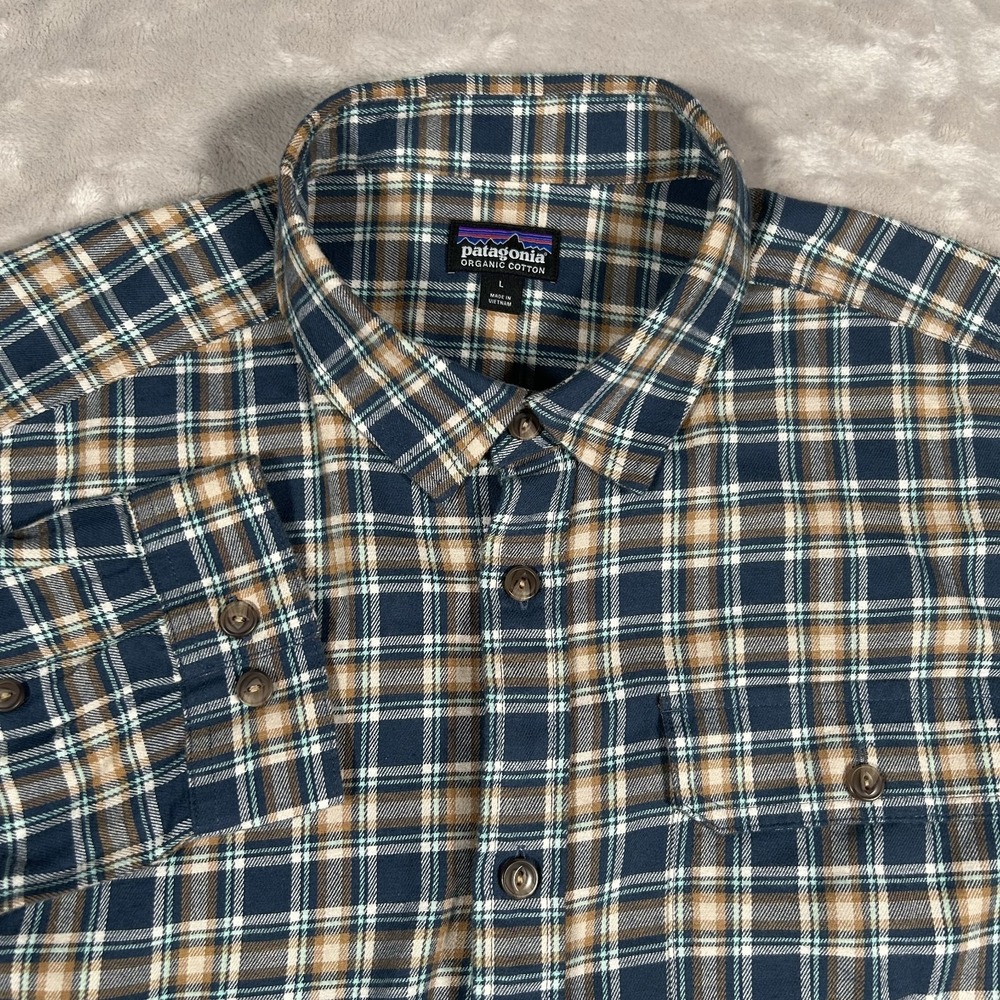 Patagonia Fjord Flannel Shirt Mens L Plaid Brown Blue Long Sleeve Organic 42410 - Picture 2 of 16